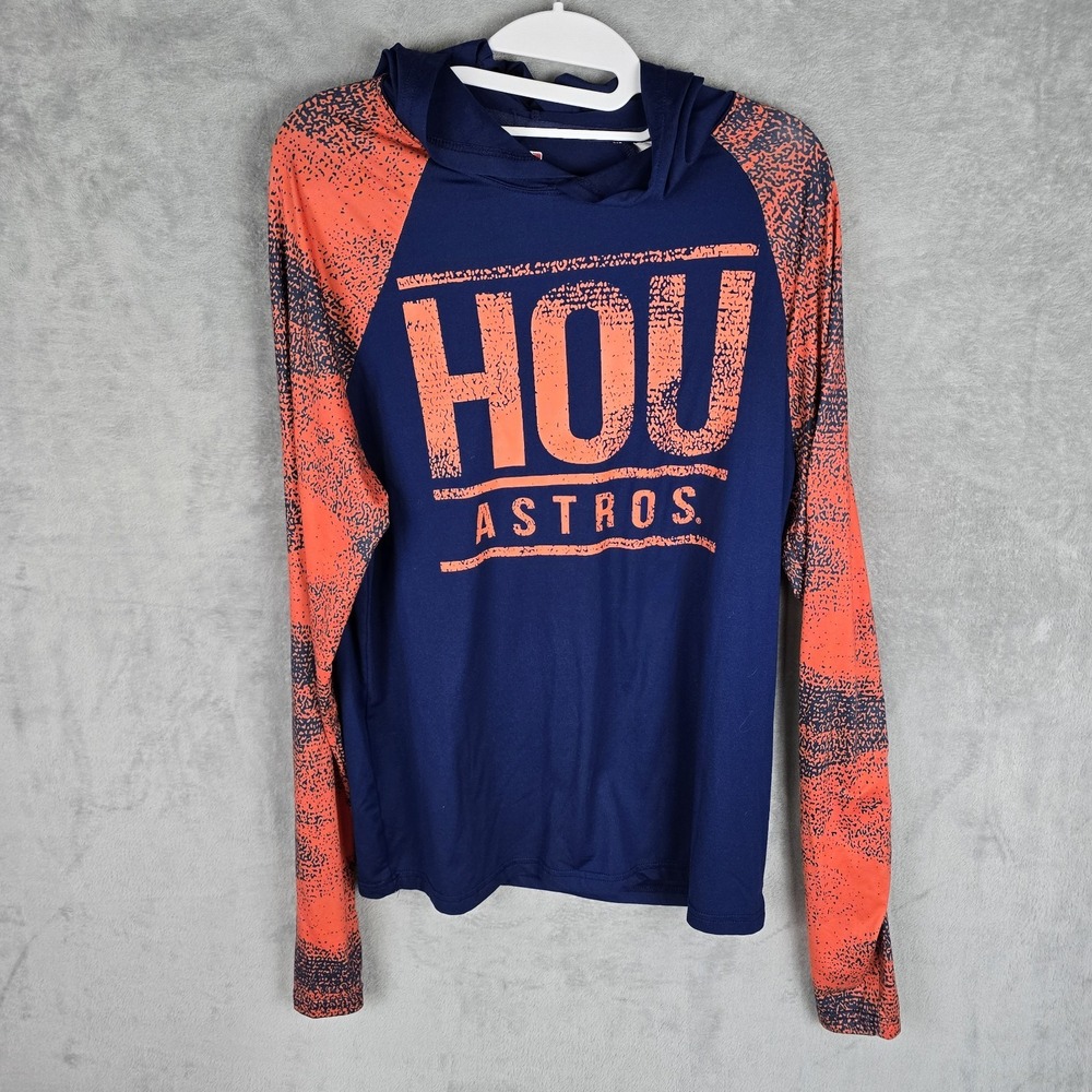 MLB Houston Astros Mens Small Navy Orange Raglan Performance Hooded Shirt HOU